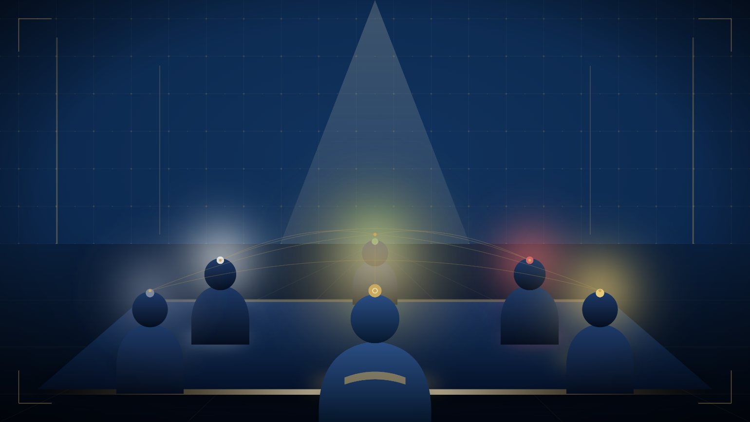 Stylized AI Council illustration — five board members and a chairman around a table